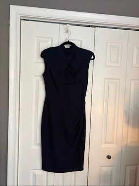 Sleeveless Navy Pencil Dress with Draped Neckline